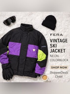 Vintage Colorblock Ski Jacket Black Purple Neon Green Hooded Puffer